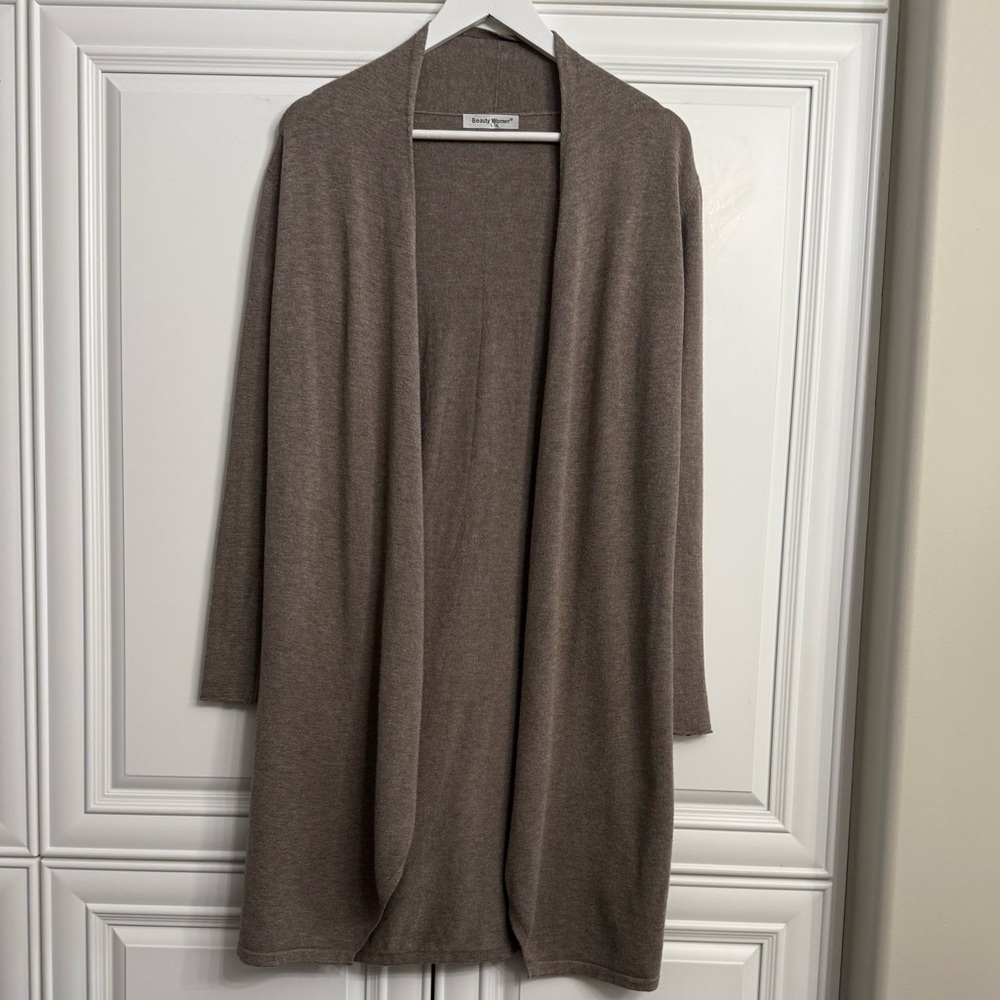 Beauty Women Size L/XL Long Beige-Brown Open Front Cardigan Sweater Rolled Cuffs